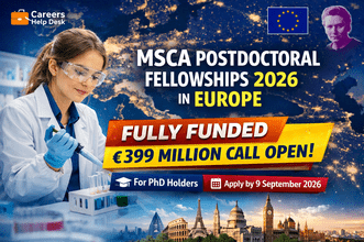 MSCA Postdoctoral Fellowships 2026 fully funded Europe scholarship thumbnail showing researcher in lab, EU map background, €399 million funding and application deadline September 2026