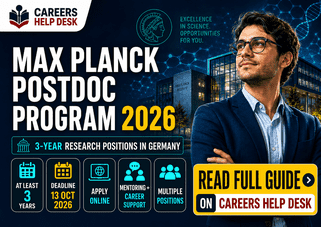 Max Planck Postdoc Program 2026 thumbnail showing 3-year research positions in Germany, deadline 13 October 2026, and Careers Help Desk branding.