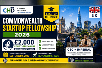 Commonwealth Startup Fellowship 2026 thumbnail showing a £2,000 equity-free grant, funded travel to Ghana and London, and the 1 September 2026 deadline.