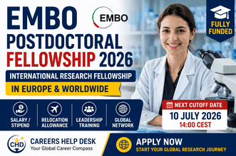 Landscape Careers Help Desk thumbnail for the EMBO Postdoctoral Fellowship 2026 featuring an international life sciences researcher in a laboratory, highlighting funded postdoctoral research opportunities, salary or stipend support, relocation allowance, leadership training, global networking benefits, and the 10 July 2026 application cutoff date.