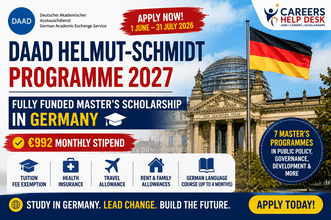 DAAD Helmut-Schmidt Programme 2027 in Germany fully funded master's scholarship for developing countries with €992 monthly stipend, tuition-free study, travel allowance, health insurance, and public policy leadership programs at German universities.