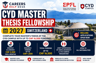 CYD Master Thesis Fellowship 2027 in Switzerland at EPFL and CYD Campus offering up to CHF 16,500 funding for international Master's students conducting cybersecurity, AI, and data science research.