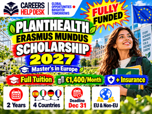 PlantHealth Erasmus Mundus Scholarship 2027 thumbnail showing €1,400 monthly funding, full tuition, European study destinations, and the December 31 deadline.
