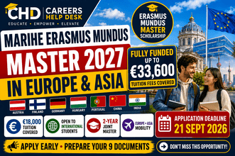 MARIHE Erasmus Mundus Master 2027 fully funded scholarship thumbnail showing €33,600 funding, tuition fee coverage, Europe and Asia mobility, and 21 September 2026 deadline.