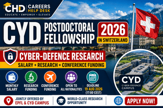 Careers Help Desk thumbnail for the CYD Postdoctoral Fellowship 2026 in Switzerland, highlighting funded cyber-defence research, salary support, research funding, conference funding, EPFL, CYD Campus, and the 19 August 2026 application deadline.