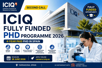 ICIQ Fully Funded PhD Programme 2026 in Spain promotional thumbnail featuring the Institute of Chemical Research of Catalonia, a four-year paid PhD with annual salary, tuition support, social security benefits, and application deadline of 28 June 2026 for international students.