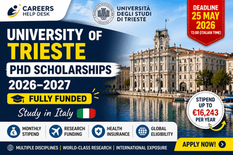 University of Trieste PhD Scholarships 2026–2027 in Italy showing fully funded doctoral programs with €16,243 stipend, deadline 25 May 2026, and study in Italy opportunity for international students