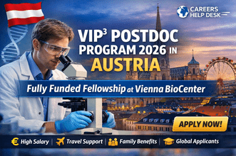 VIP³ Postdoc Program 2026 in Austria banner showing scientist using microscope with Vienna skyline, highlighting fully funded Vienna BioCenter fellowship with salary, benefits, and global applicants