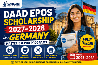 DAAD EPOS Scholarship 2027–2028 in Germany offering fully funded Master's and selected PhD programmes with up to €1,400 monthly stipend, travel support, health insurance, and Careers Help Desk branding.
