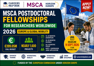 MSCA Postdoctoral Fellowships 2026 thumbnail showing €399.05 million funding, European and Global mobility routes, and the 9 September 2026 deadline.