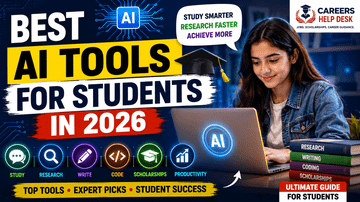 Best AI tools for students in 2026 thumbnail by Careers Help Desk featuring AI study tools for research, writing, coding, scholarships, and academic productivity
