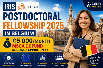 High-CTR promotional thumbnail for Careers Help Desk featuring IRIS Postdoctoral Fellowship 2026 in Belgium, €5,000 monthly funding, MSCA COFUND research opportunity at ULB and VUB for international researchers.