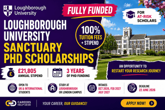 High-CTR Careers Help Desk thumbnail for Loughborough University Sanctuary PhD Scholarships 2026 in the UK, featuring fully funded PhD opportunity for at-risk UK and international scholars with full tuition coverage and £21,805 annual stipend.