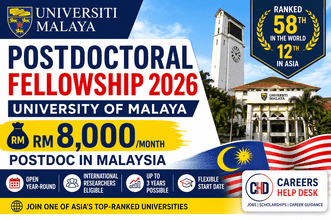 Careers Help Desk thumbnail for University of Malaya Postdoctoral Fellowship 2026 in Malaysia showing RM8000 monthly research opportunity
