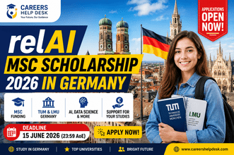 Careers Help Desk thumbnail for relAI MSc Scholarship 2026 in Germany featuring TUM and LMU universities, AI and Data Science master's funding opportunity, Germany landmarks, application deadline 15 June 2026, and international student scholarship promotion.