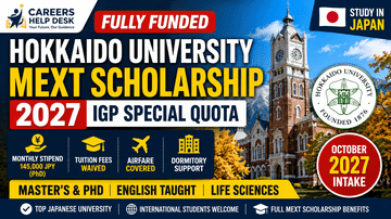 Promotional thumbnail for the Hokkaido University MEXT Scholarship 2027 (IGP Special Quota) in Japan, highlighting fully funded Master's and PhD opportunities, monthly MEXT stipend, tuition waiver, airfare, English-taught Life Sciences programmes, and Careers Help Desk branding for international students.