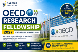 OECD Research Fellowship 2027 promotional thumbnail highlighting the OECD Co-operative Research Programme (CRP) Individual Travel Bursary Fellowship Awards for international scientists. Features travel and subsistence support, 6–26 week international research fellowships, 10 September 2026 application deadline, and Careers Help Desk branding.