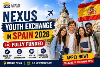 Nexus Youth Exchange in Spain 2026 fully funded program thumbnail featuring Madrid, Spain, international students, Careers Help Desk branding, application deadline of 30 September 2026, and benefits including round-trip airfare, hotel accommodation, meals, transfers, certificate, and networking opportunities.
