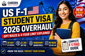 Careers Help Desk thumbnail explaining the US F-1 Student Visa 2026 overhaul, including new OPT rules, 30-day OPT application window, $1,780 Form I-765 fee, mandatory biometrics, and the new four-year admission limit for international students.