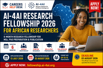AI-4AI Research Fellowship 2026 thumbnail for African researchers featuring six-month mentorship, MSc and PhD preparation, and the 3 August 2026 deadline.