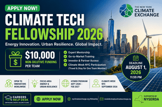 Climate Tech Fellowship 2026 thumbnail showing $10,000 non-dilutive funding, global eligibility, Climate Week NYC participation, and Careers Help Desk branding