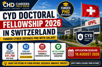 High-CTR Careers Help Desk thumbnail for the CYD Doctoral Fellowship 2026 in Switzerland, featuring a funded PhD with salary, research funding, conference support, EPFL, and the Cyber-Defence (CYD) Campus.