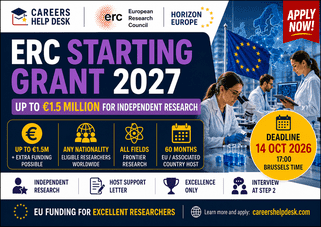 ERC Starting Grant 2027 thumbnail showing up to €1.5 million funding, independent research support, and the 14 October 2026 deadline