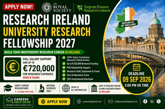 Royal Society–Research Ireland University Research Fellowship 2027 offering full salary support and up to €720,000 for research in Ireland.