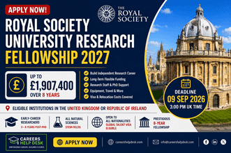 Royal Society University Research Fellowship 2027 offering up to £1,907,400 for eight years to early-career scientists in the UK or Republic of Ireland.