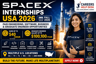 SpaceX Internships USA 2026 promotional thumbnail featuring paid engineering, software engineering, business operations, and graduate engineer opportunities with salaries up to $40 per hour and Careers Help Desk branding.