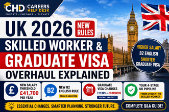 UK Skilled Worker and Graduate Visa 2026 rule changes showing £41,700 salary threshold, B2 English requirement, Graduate Visa updates, and Careers Help Desk branding.