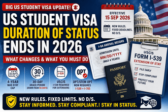US student visa Duration of Status ends in 2026 with four-year stay limit, 30-day grace period, fixed I-94 date, and Form I-539 extension rules.