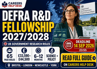 Defra R&D Fellowship 2027/28 offering 65 paid UK research roles with salaries from £33,590 to £44,500 and a 14 September 2026 deadline.