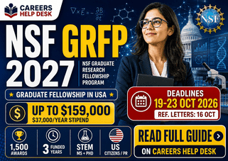 NSF GRFP 2027 thumbnail showing U.S. graduate fellowship funding up to $159,000, application deadlines in October 2026, and Careers Help Desk branding.