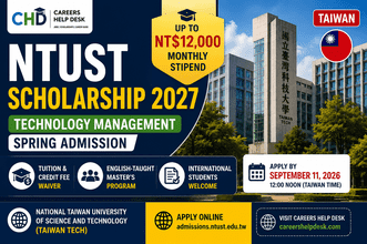 NTUST Scholarship 2027 for international students at Taiwan Tech offering up to NT$12,000 monthly for Technology Management master’s study.