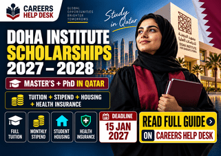 Doha Institute Scholarships 2027–2028 thumbnail showing Master’s and PhD funding in Qatar with tuition, stipend, housing, health insurance, and January 15, 2027 deadline
