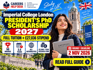 Imperial College London President’s PhD Scholarship 2027 thumbnail showing full tuition, £27,036 stipend, 50 awards, and Round 1 deadline of 2 November 2026
