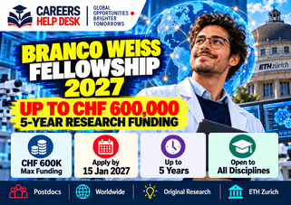 Branco Weiss Fellowship 2027 thumbnail showing up to CHF 600,000 funding for five years, January 15, 2027 deadline, and ETH Zurich