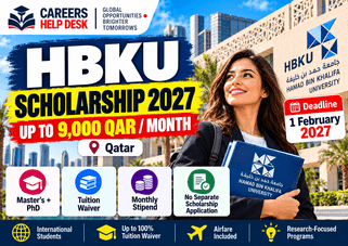 HBKU Scholarship 2027 in Qatar for international students with up to 9,000 QAR monthly stipend, tuition waiver, airfare and February 1, 2027 deadline