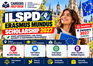 ILSPSD Erasmus Mundus Scholarship 2027 thumbnail showing €1,400 monthly stipend, full tuition coverage, European universities and January 4 deadline.