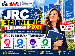 JRC Scientific Traineeship 2027 thumbnail showing paid EU research traineeship in Europe with €1,338 to €1,741 monthly allowance, 11 research fields, 5-month duration, and October 28, 2026 deadline.