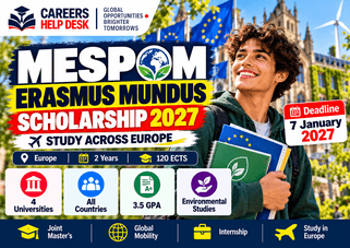 MESPOM Erasmus Mundus Scholarship 2027 thumbnail showing Europe study opportunity, 4 universities, 2-year joint master’s, 120 ECTS, and January 7 2027 deadline