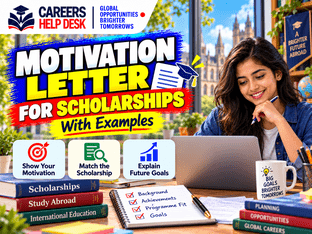 Scholarship motivation letter guide with examples, showing a student writing at a laptop and tips for explaining motivation, programme fit, and future goals.
