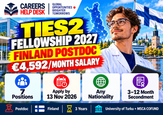 TIES2 Fellowship Finland 2027 at University of Turku offering €4,592 monthly gross salary, 7 postdoctoral positions and November 13, 2026 deadline