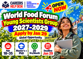 World Food Forum Young Scientists Group 2027–2029 application thumbnail showing eligibility for ages 18–35, Master's and PhD applicants, and the 29 January deadline.